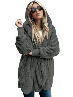 Women Fuzzy Fleece Cardigan Hooded Jacket Soft Warm Long Sleeve Coat